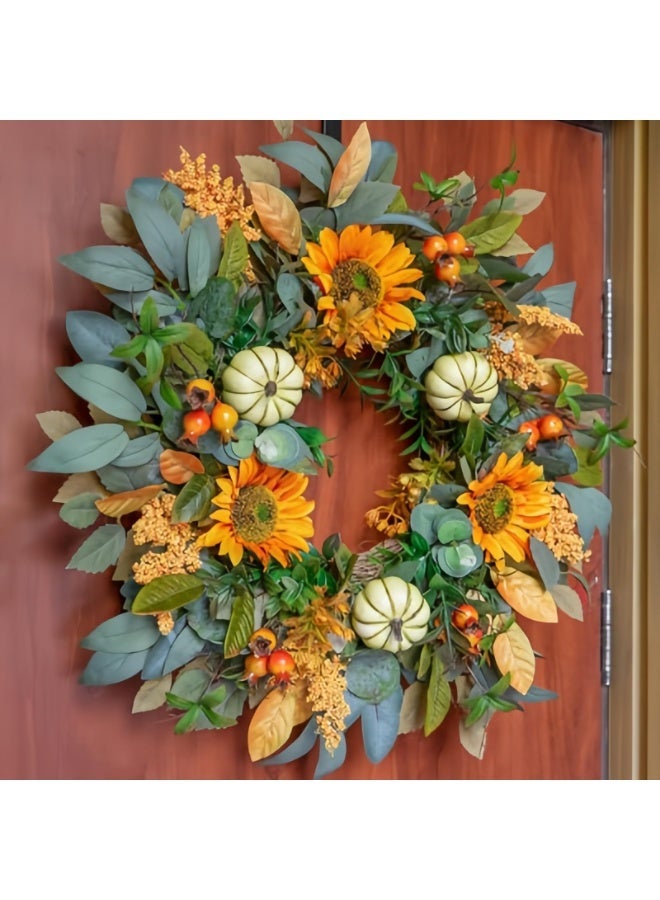 يُسلِّم إكليل خريفي للباب الأمامي، 24 بوصة، إكليل خريفي صناعي من عباد الشمس واليقطين مع التوت، أكاليل حصاد الخريف للديكور الداخلي والخارجي - Image 3