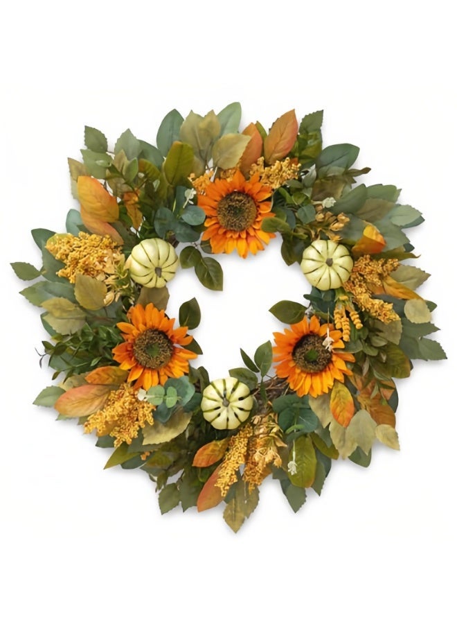 يُسلِّم إكليل خريفي للباب الأمامي، 24 بوصة، إكليل خريفي صناعي من عباد الشمس واليقطين مع التوت، أكاليل حصاد الخريف للديكور الداخلي والخارجي - Image 1