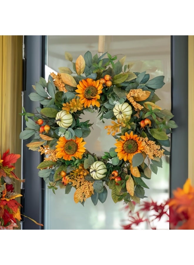 يُسلِّم إكليل خريفي للباب الأمامي، 24 بوصة، إكليل خريفي صناعي من عباد الشمس واليقطين مع التوت، أكاليل حصاد الخريف للديكور الداخلي والخارجي - Image 4