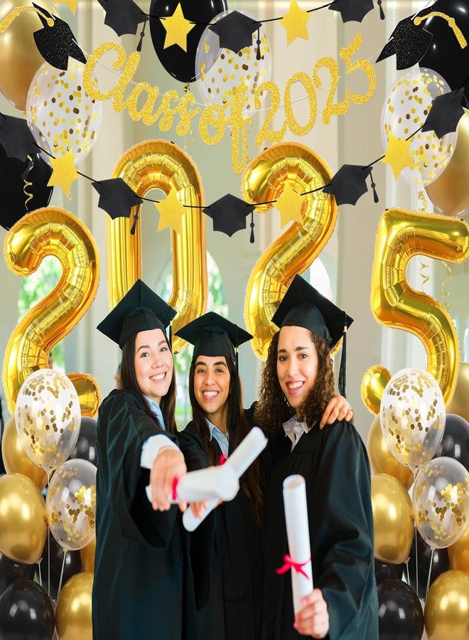 Douvelue Graduation Decorations Class of 2025 Banner, 32in Gold 2025 Balloons, Star Cap Garland and Black Gold Confetti Balloons, For Senior High School College Graduation Party Decorations - Image 3
