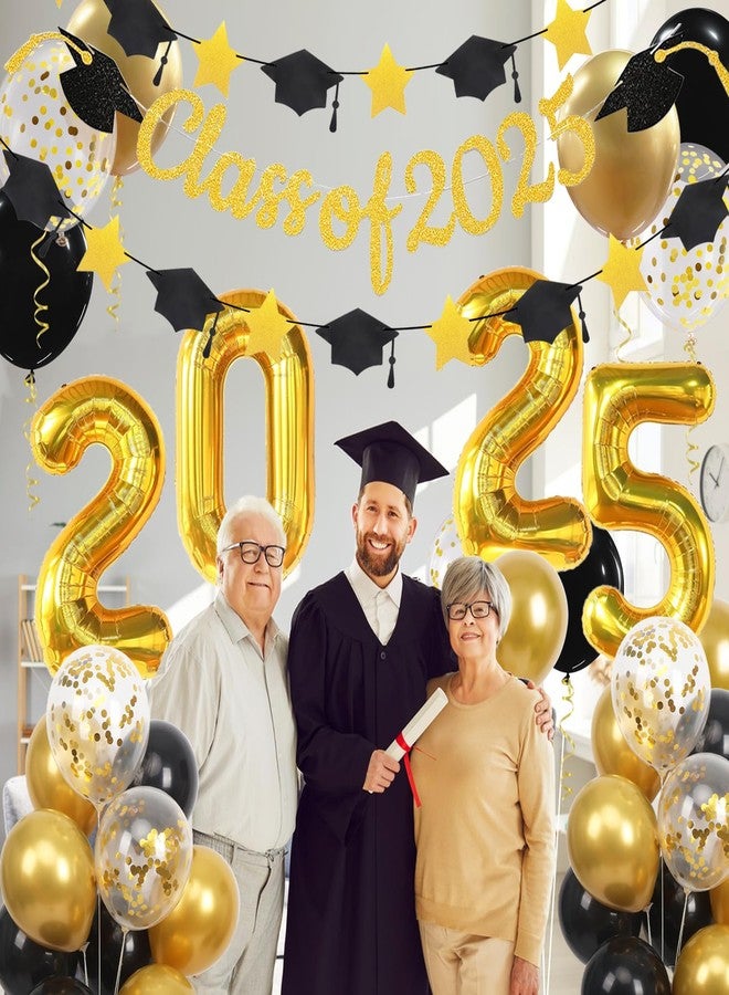 Douvelue Graduation Decorations Class of 2025 Banner, 32in Gold 2025 Balloons, Star Cap Garland and Black Gold Confetti Balloons, For Senior High School College Graduation Party Decorations - Image 4