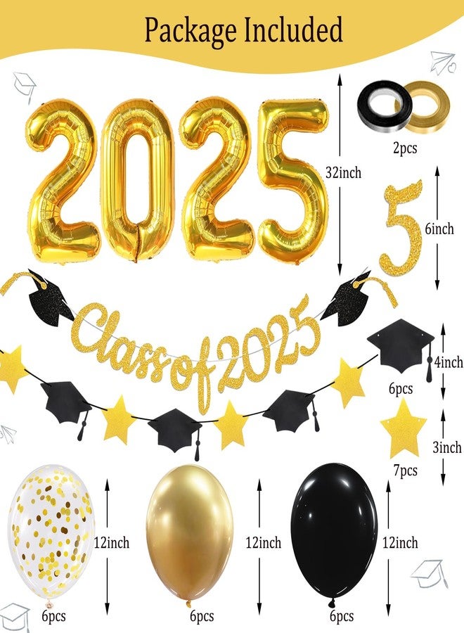 Douvelue Graduation Decorations Class of 2025 Banner, 32in Gold 2025 Balloons, Star Cap Garland and Black Gold Confetti Balloons, For Senior High School College Graduation Party Decorations - Image 2