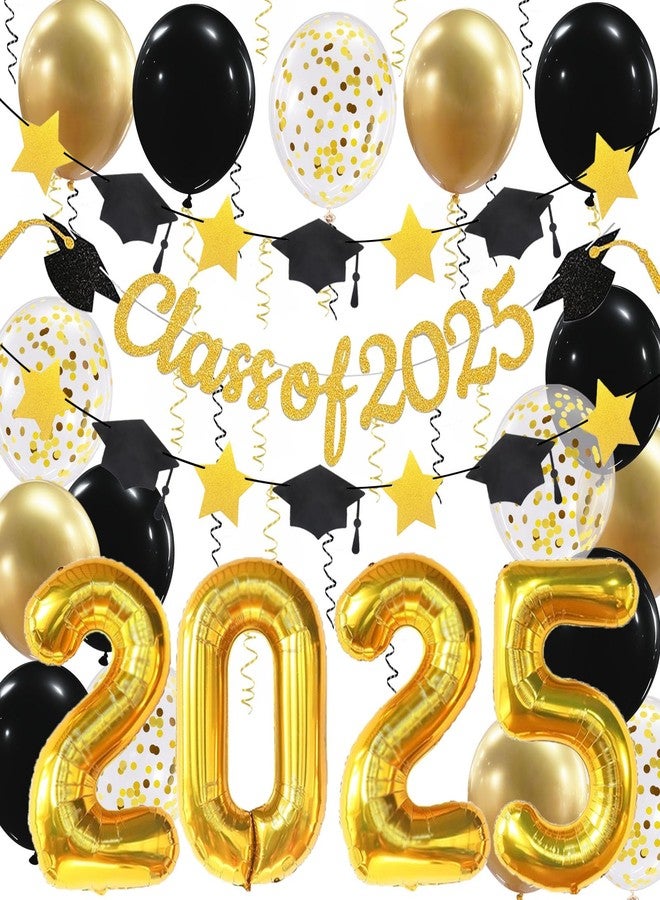 Douvelue Graduation Decorations Class of 2025 Banner, 32in Gold 2025 Balloons, Star Cap Garland and Black Gold Confetti Balloons, For Senior High School College Graduation Party Decorations - Image 1
