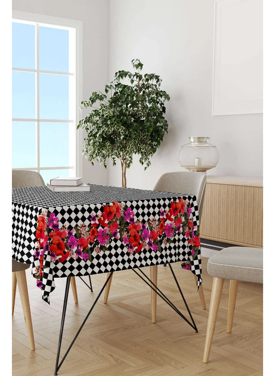 Cango Home Black and White Checkered Floral Patterned Digital Printed Tablecloth CGH1107-MS