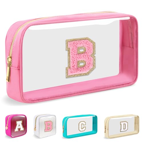 Iqimott Small Clear Personalized Initial Makeup BagNylon Preppy AZ Chenille Letter Patch Cosmetic Pouch Beach Toiletry BagWaterproof Zipper Travel Purse Storage Bag Organizer for Women GirlsPinkPink B - Image 1