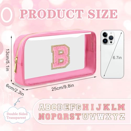 Iqimott Small Clear Personalized Initial Makeup BagNylon Preppy AZ Chenille Letter Patch Cosmetic Pouch Beach Toiletry BagWaterproof Zipper Travel Purse Storage Bag Organizer for Women GirlsPinkPink B - Image 3