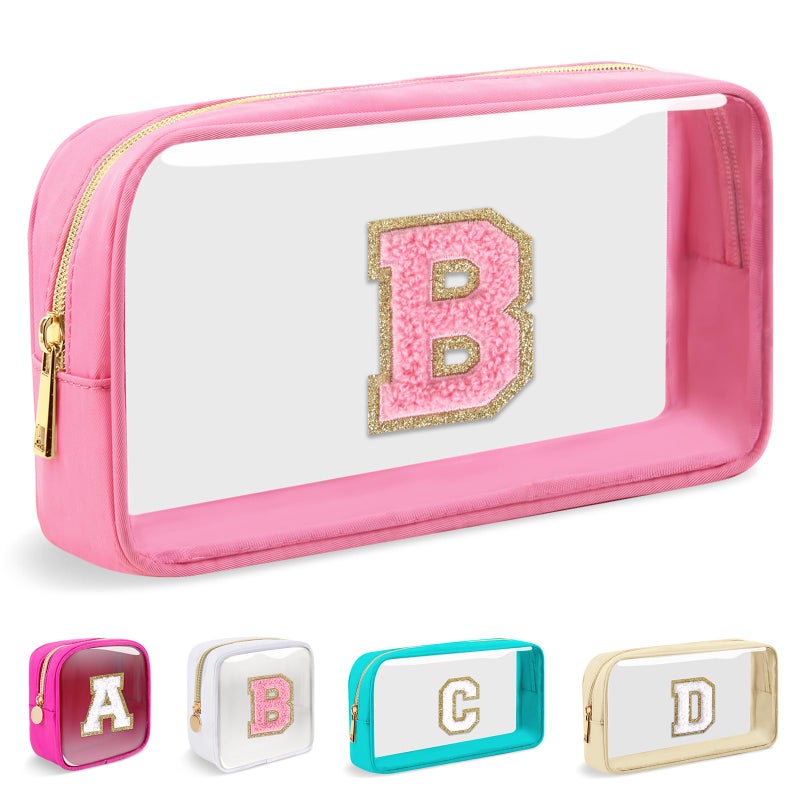 Iqimott Small Clear Personalized Initial Makeup BagNylon Preppy AZ Chenille Letter Patch Cosmetic Pouch Beach Toiletry BagWaterproof Zipper Travel Purse Storage Bag Organizer for Women GirlsPinkPink B - Image 2
