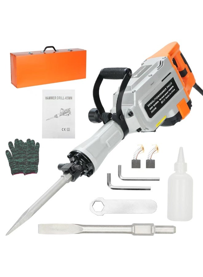 جيرزون مطرقة هدم جير زون، مطرقة هدم متينة، 3800 واط، 1400 دورة في الدقيقة، كسارة خرسانة، إزميلان مع قفازات ومقبض أمامي دوار 360 درجة مئوية لحفر الخنادق وتكسير الثقوب. - Image 1