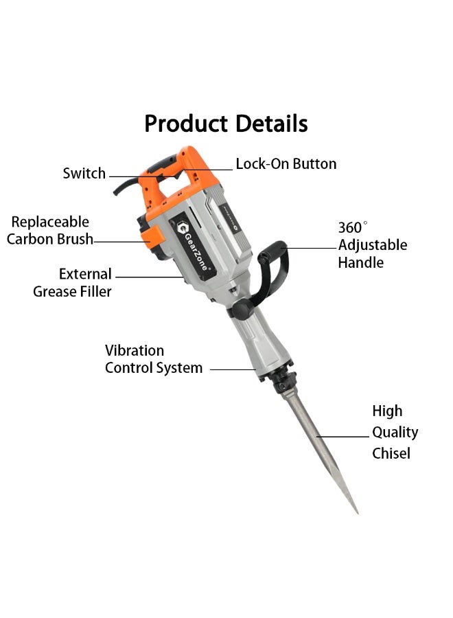 جيرزون مطرقة هدم جير زون، مطرقة هدم متينة، 3800 واط، 1400 دورة في الدقيقة، كسارة خرسانة، إزميلان مع قفازات ومقبض أمامي دوار 360 درجة مئوية لحفر الخنادق وتكسير الثقوب. - Image 3