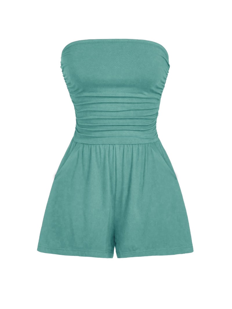 AUXDIO Women Summer Casual Strapless Romper Sleeveless Off Shoulder Short Jumpsuits 2026 Beach Vacation Clothes Green Medium - Image 1