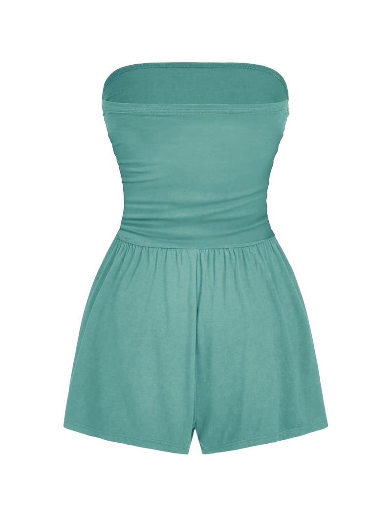 AUXDIO Women Summer Casual Strapless Romper Sleeveless Off Shoulder Short Jumpsuits 2026 Beach Vacation Clothes Green Medium - Image 2