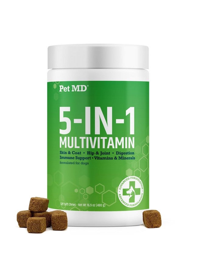 بيت إم دي فيتامينات متعددة 5 في 1 للكلاب - 30 فيتامين ومعادن ومغذيات أساسية للبشرة والفراء والورك والمفاصل والهضم والمناعة وفيتامينات الكلاب المسنة - الجلوكوزامين وأوميجا 3 و6 و9 والبروبيوتيك - 120 قرصًا - Image 1