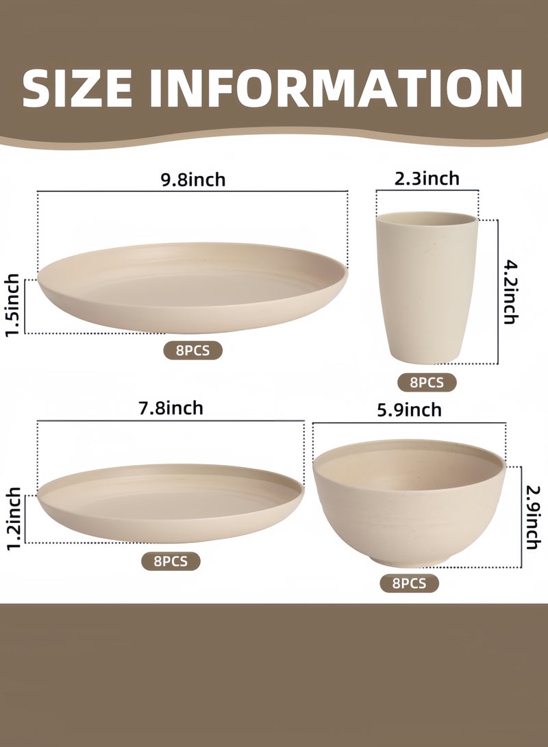 32-piece Dinner Set  Wheat Straw Bowls  Plates Cups Dinnerware Set Service for 8  Dinner Plates Dessert Plate Cereal Bowls Cups Unbreakable Colorful Plastic Outdoor Camping Dishes Coastal Beige - Image 2