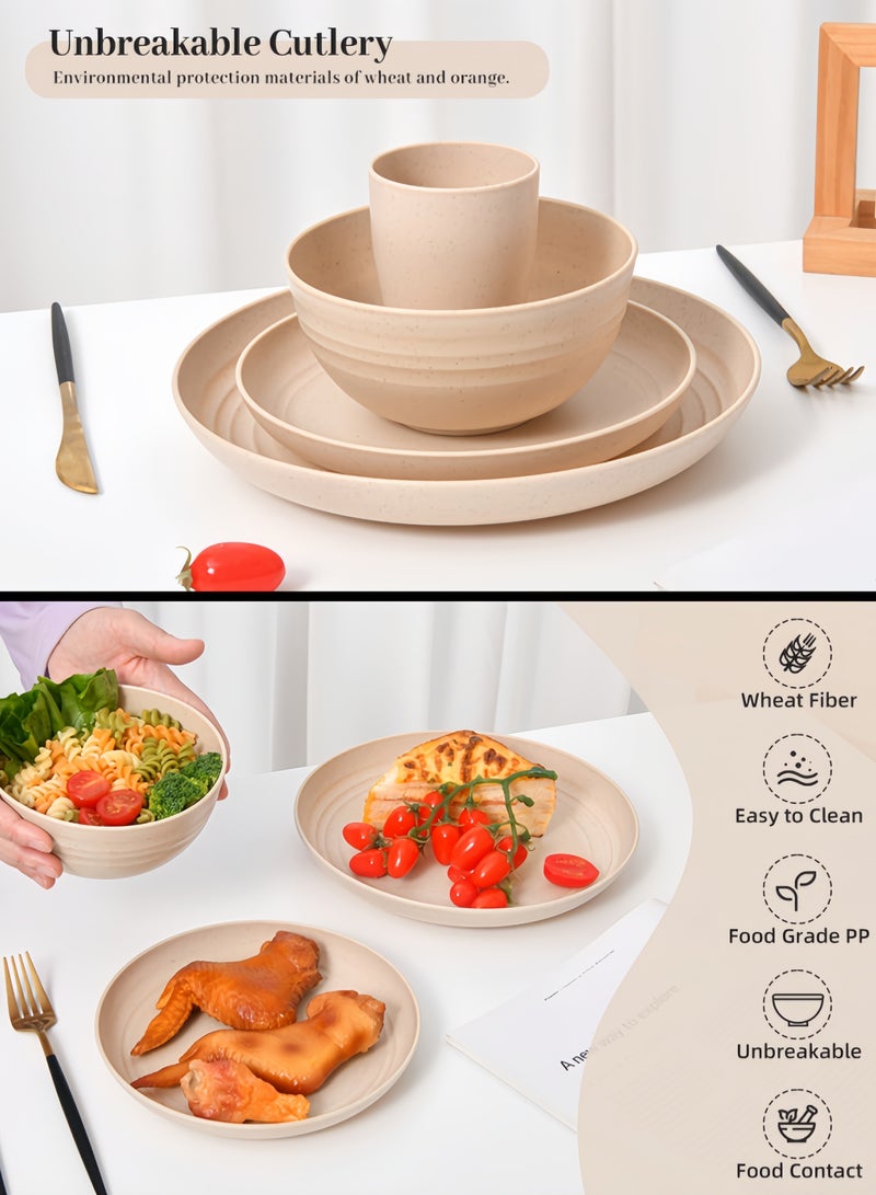 32-piece Dinner Set  Wheat Straw Bowls  Plates Cups Dinnerware Set Service for 8  Dinner Plates Dessert Plate Cereal Bowls Cups Unbreakable Colorful Plastic Outdoor Camping Dishes Coastal Beige - Image 4
