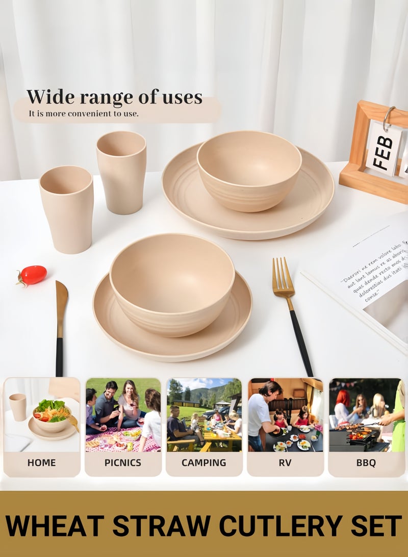 32-piece Dinner Set  Wheat Straw Bowls  Plates Cups Dinnerware Set Service for 8  Dinner Plates Dessert Plate Cereal Bowls Cups Unbreakable Colorful Plastic Outdoor Camping Dishes Coastal Beige - Image 5