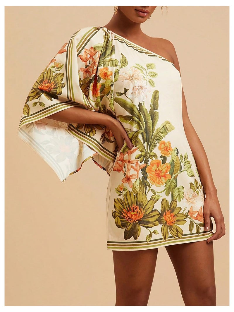 MakeMeChic Women's Boho Mini Dress Floral Summer Beach Vacation One Shoulder Dresses Floral Sundress Multicolor Small - Image 4