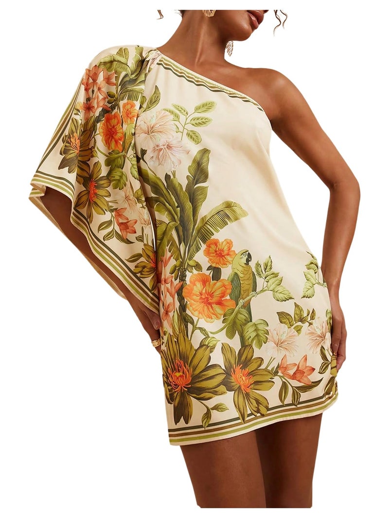 MakeMeChic Women's Boho Mini Dress Floral Summer Beach Vacation One Shoulder Dresses Floral Sundress Multicolor Small - Image 1