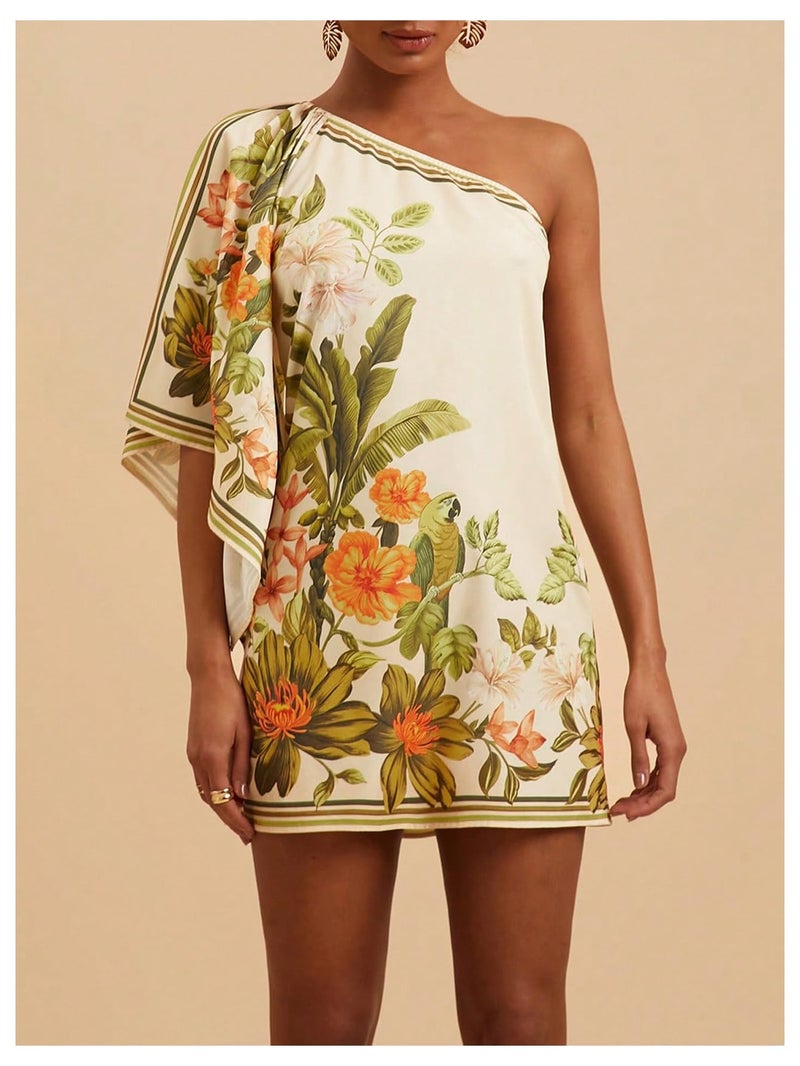 MakeMeChic Women's Boho Mini Dress Floral Summer Beach Vacation One Shoulder Dresses Floral Sundress Multicolor Small - Image 5