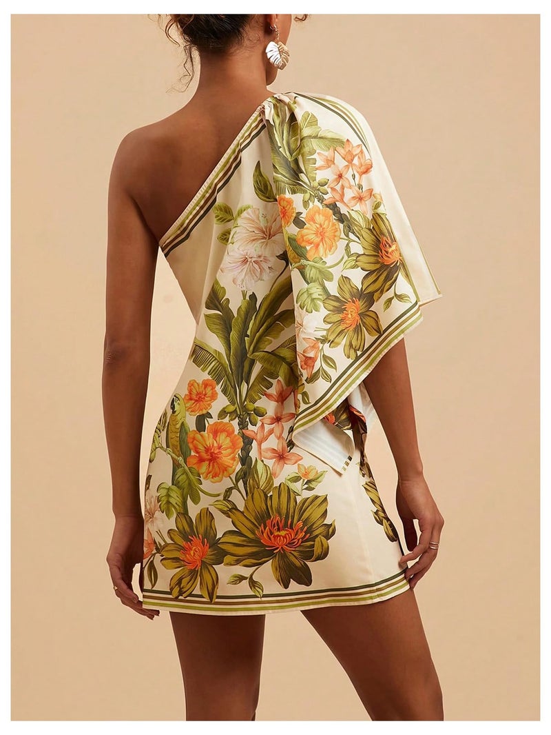 MakeMeChic Women's Boho Mini Dress Floral Summer Beach Vacation One Shoulder Dresses Floral Sundress Multicolor Small - Image 2