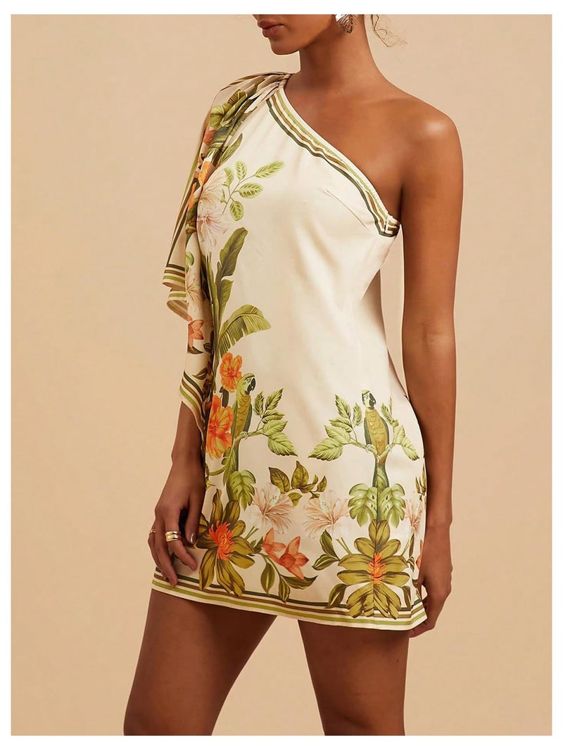 MakeMeChic Women's Boho Mini Dress Floral Summer Beach Vacation One Shoulder Dresses Floral Sundress Multicolor Small - Image 3