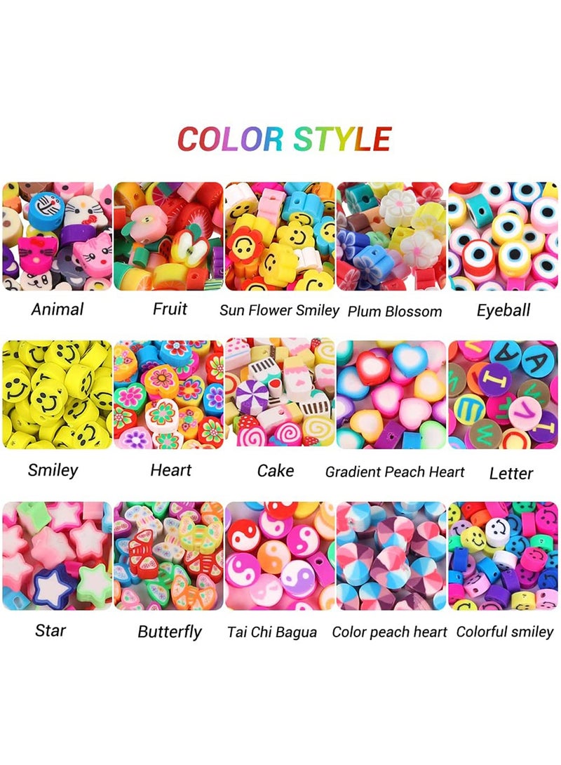 SYOSI Handmade Polymer Clay Beads 300PCS Fruit Smiley Beads 15 Styles Flower Letter Soft Beads for Women Girls Jewelry Making DIY Bracelet Necklace Earring Accessories with 4m Crystal Elastic String - Image 3