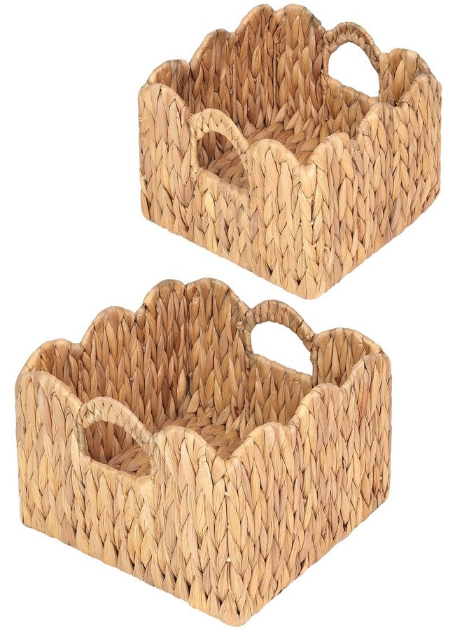 SIEUSALEVN Scalloped Baskets (Natural-Set of 2) Basket Living Room Organizer, Water Hyacinth Basket, Basket For Decor, Woven Basket for Bathroom, Bedroom, Laundry,...Hyacinth Storage Basket with Built-in Handles - Image 1