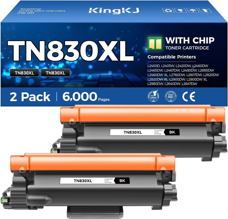 KingKJ TN830XL Toner Cartridge Black 2-Pack High Yield Replacement for Brother TN830XL TN830 XL Compatible for HL-L2460DW HL-L2405W HL-L2480DW MFC-L2820DW DCP-L2640DW MFC-L2900DW HL-L2400D Laser Printer Ink - Image 1