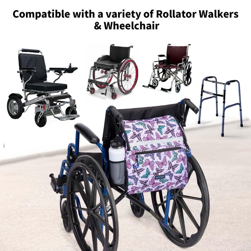 ZHCHG Wheelchair Bags, Wheelchair Backpack with Cup Holder, Wheelchair Bags to Hang on Back, Electric Wheel Chair Accessories, Large Storage Bag for Walker Rollator Purple Butterfly - Image 4