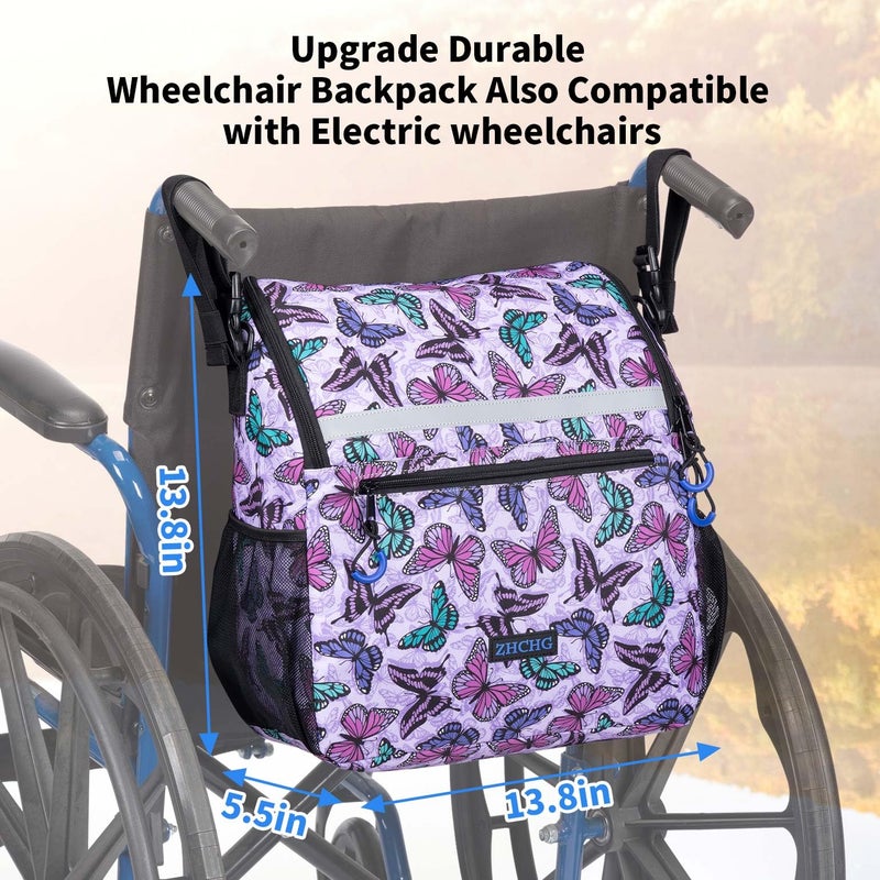 ZHCHG Wheelchair Bags, Wheelchair Backpack with Cup Holder, Wheelchair Bags to Hang on Back, Electric Wheel Chair Accessories, Large Storage Bag for Walker Rollator Purple Butterfly - Image 5