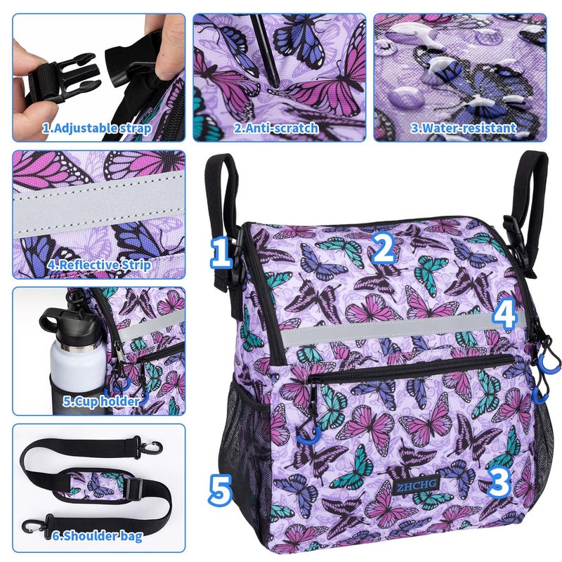 ZHCHG Wheelchair Bags, Wheelchair Backpack with Cup Holder, Wheelchair Bags to Hang on Back, Electric Wheel Chair Accessories, Large Storage Bag for Walker Rollator Purple Butterfly - Image 3