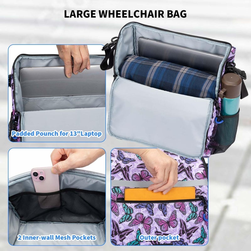 ZHCHG Wheelchair Bags, Wheelchair Backpack with Cup Holder, Wheelchair Bags to Hang on Back, Electric Wheel Chair Accessories, Large Storage Bag for Walker Rollator Purple Butterfly - Image 2