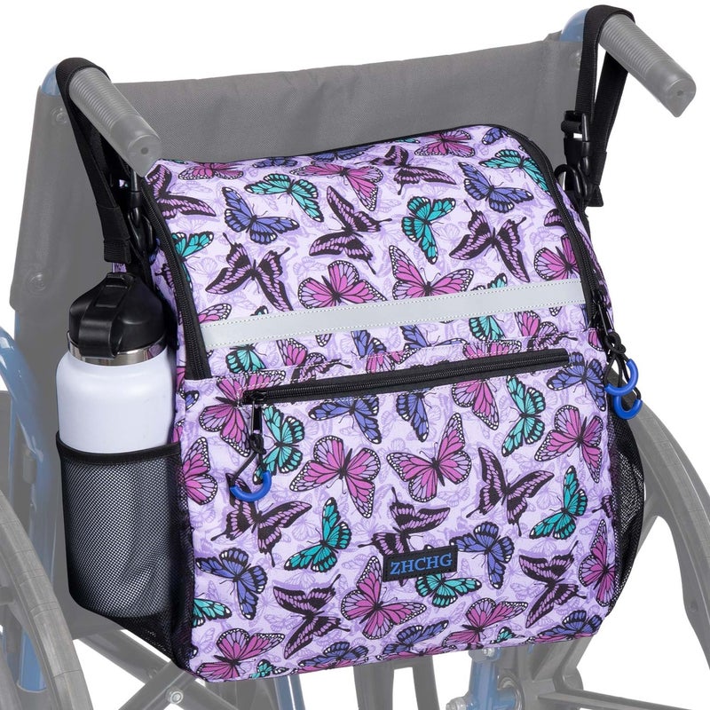 ZHCHG Wheelchair Bags, Wheelchair Backpack with Cup Holder, Wheelchair Bags to Hang on Back, Electric Wheel Chair Accessories, Large Storage Bag for Walker Rollator Purple Butterfly - Image 1
