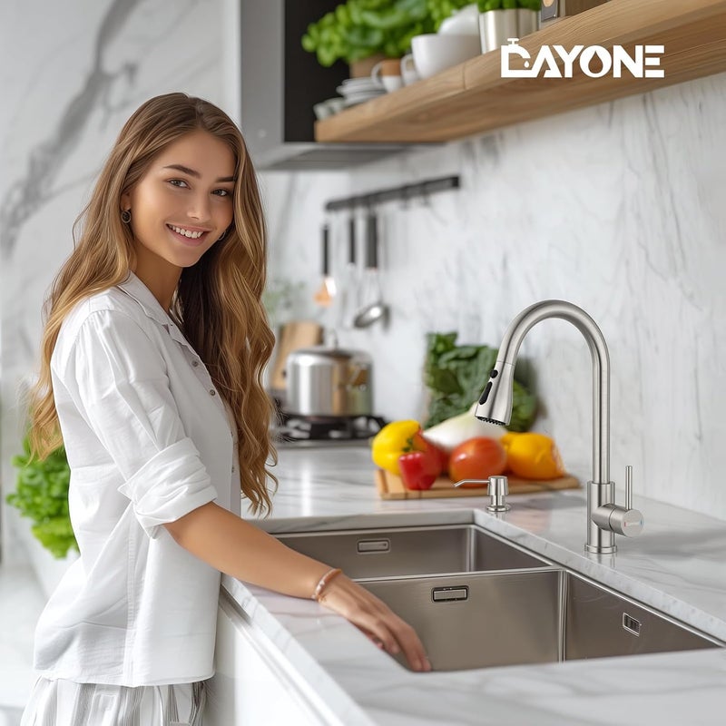 DAYONE Sink Mixer Tap with Soap Dispenser, 360° Swivel Single-Handle Kitchen Sink Mixer with Sprayer, Stainless Steel Kitchen Faucet 3 Modes Brushed Nickel - Image 2
