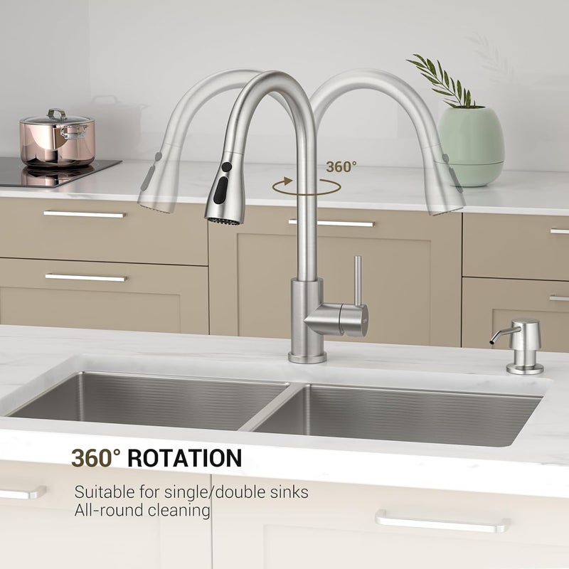 DAYONE Sink Mixer Tap with Soap Dispenser, 360° Swivel Single-Handle Kitchen Sink Mixer with Sprayer, Stainless Steel Kitchen Faucet 3 Modes Brushed Nickel - Image 5