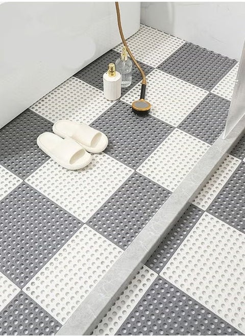 12-Pack Interlocking, Non-Slip Drainage Floor Tiles - 30cm x 30cm Soft PVC Bath & Shower Mats with Drainage Holes for Bathrooms, Kitchens, Pools, and Other Wet Areas (White/Grey)