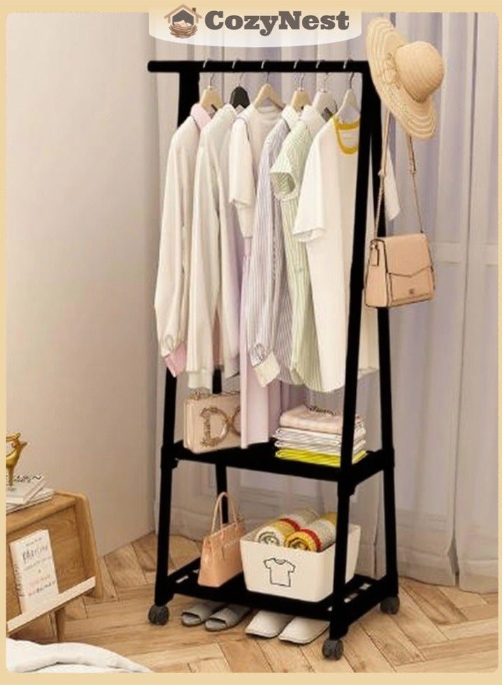 CozyNest A-Frame Single Pole Clothes Rack with 2 Lower Storage Shelves and Wheels, Black Freestanding Mobile Laundry & Bedroom Organizer, Space-Saving Coat & Clothes Drying Rack - Image 2