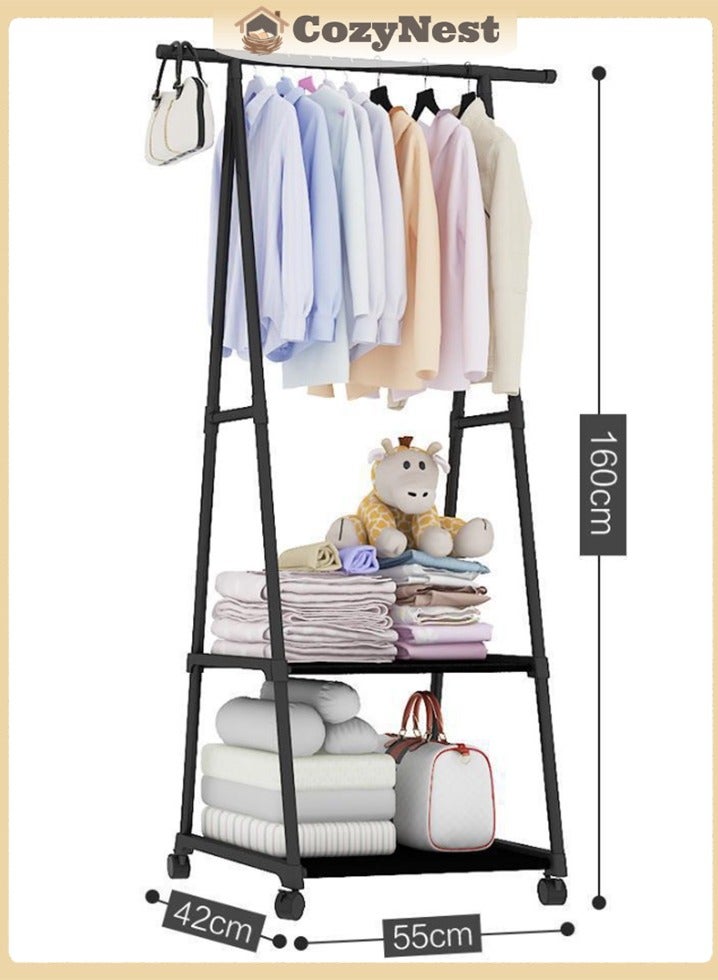 CozyNest A-Frame Single Pole Clothes Rack with 2 Lower Storage Shelves and Wheels, Black Freestanding Mobile Laundry & Bedroom Organizer, Space-Saving Coat & Clothes Drying Rack - Image 1