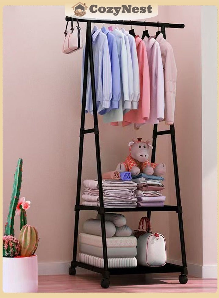 CozyNest A-Frame Single Pole Clothes Rack with 2 Lower Storage Shelves and Wheels, Black Freestanding Mobile Laundry & Bedroom Organizer, Space-Saving Coat & Clothes Drying Rack - Image 3