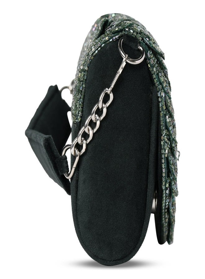 MARKQUES Emerald Green Cutdana Embellished Clutch Purse With Cutdana Work Handle - Image 5