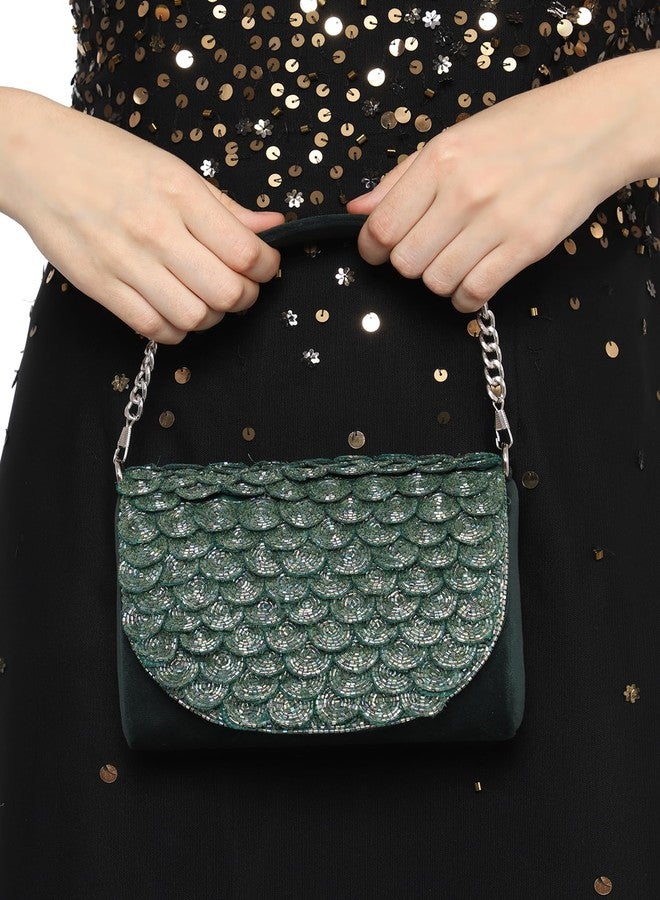 MARKQUES Emerald Green Cutdana Embellished Clutch Purse With Cutdana Work Handle - Image 3