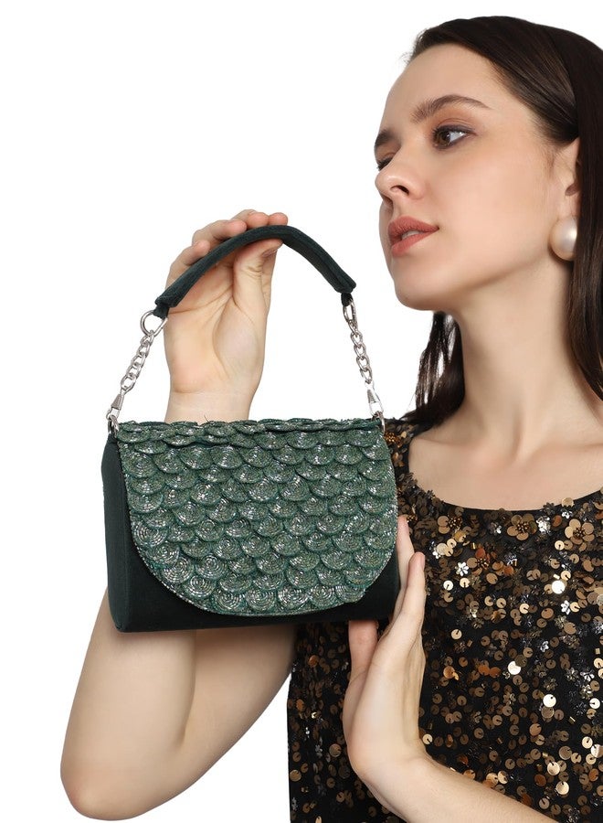 MARKQUES Emerald Green Cutdana Embellished Clutch Purse With Cutdana Work Handle - Image 2