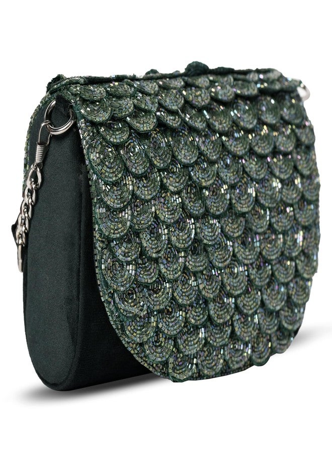 MARKQUES Emerald Green Cutdana Embellished Clutch Purse With Cutdana Work Handle - Image 1