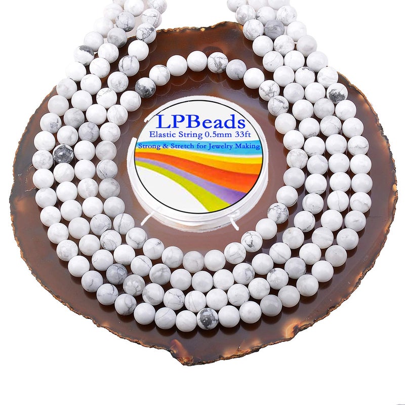 خرز LPBeads 200 قطعة مصقول 6 مم دائري من حجر الهوليت الأبيض الطبيعي مع حبل مرن لصنع المجوهرات والأساور
