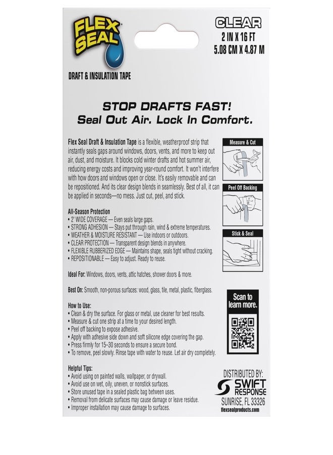 Flex Seal Draft and Insulation Sealing Tape, Flexible, Rubberized, Weatherproof Strip for Windows, Doors, Vents, Works on Wood, Glass, Tile, Metal, Plastic, Fiberglass, Clear, 2 in x 16 ft, Pack of 1 - Image 2