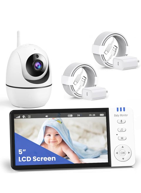 Baby Monitor-720P 5" Baby Camera Monitors, Video Baby Monitor with Camera and Audio, Night Vision, 4X Pan-18 HOURS VOX MODE, Temperature Sensor, Baby Monitor with Lullabies