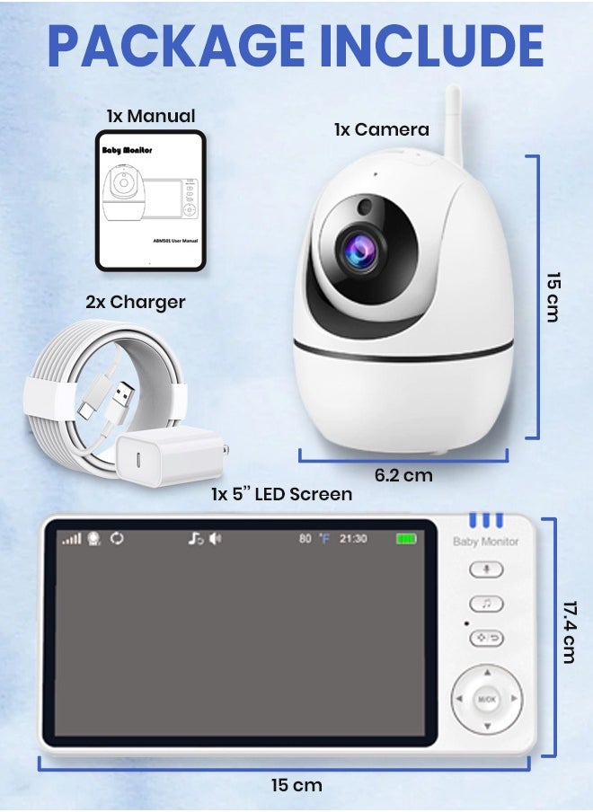 RFAQK - Baby Monitor-720P 5" Baby Camera Monitors, Video Baby Monitor with Camera and Audio, Night Vision, 4X Pan-18 HOURS VOX MODE, Temperature Sensor, Baby Monitor with Lullabies - Image 1