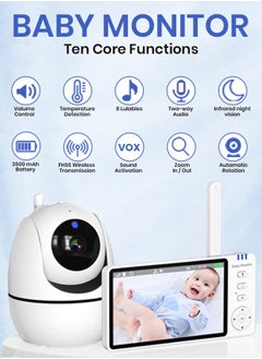 RFAQK Baby Monitor-720P 5" Baby Camera Monitors, Video Baby Monitor with Camera and Audio, Night Vision, 4X Pan-18 HOURS VOX MODE, Temperature Sensor, Baby Monitor with Lullabies  - Image 5
