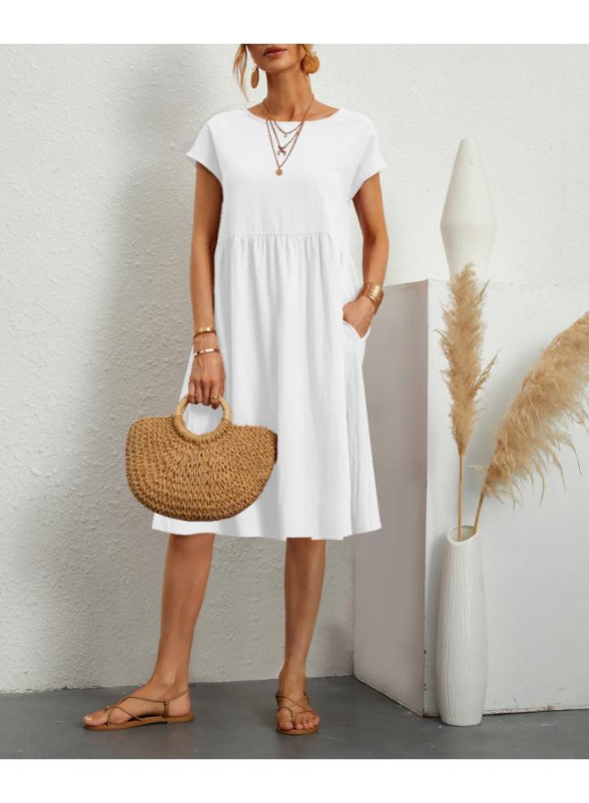 European And American Fashion Summer Ol Temperament Women's Cotton And Linen Round Neck A-line Skirt Plus Size Loose Dress 