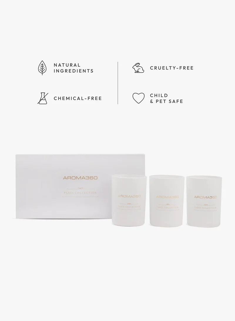 AROMA360 Dream On - Paris Collection Candle Trio - Scented Candles with Essential Oils - White Tea, Sweet Vanilla & Earthy Cedar - Soy Candles - 80hr Burn - Set of 3