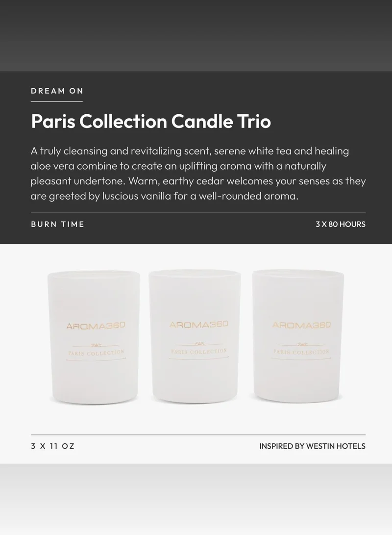 Aroma360  Dream On - Paris Collection Candle Trio - Scented Candles with Essential Oils - White Tea, Sweet Vanilla & Earthy Cedar - Soy Candles - 80hr Burn - Set of 3  | Best Price UAE